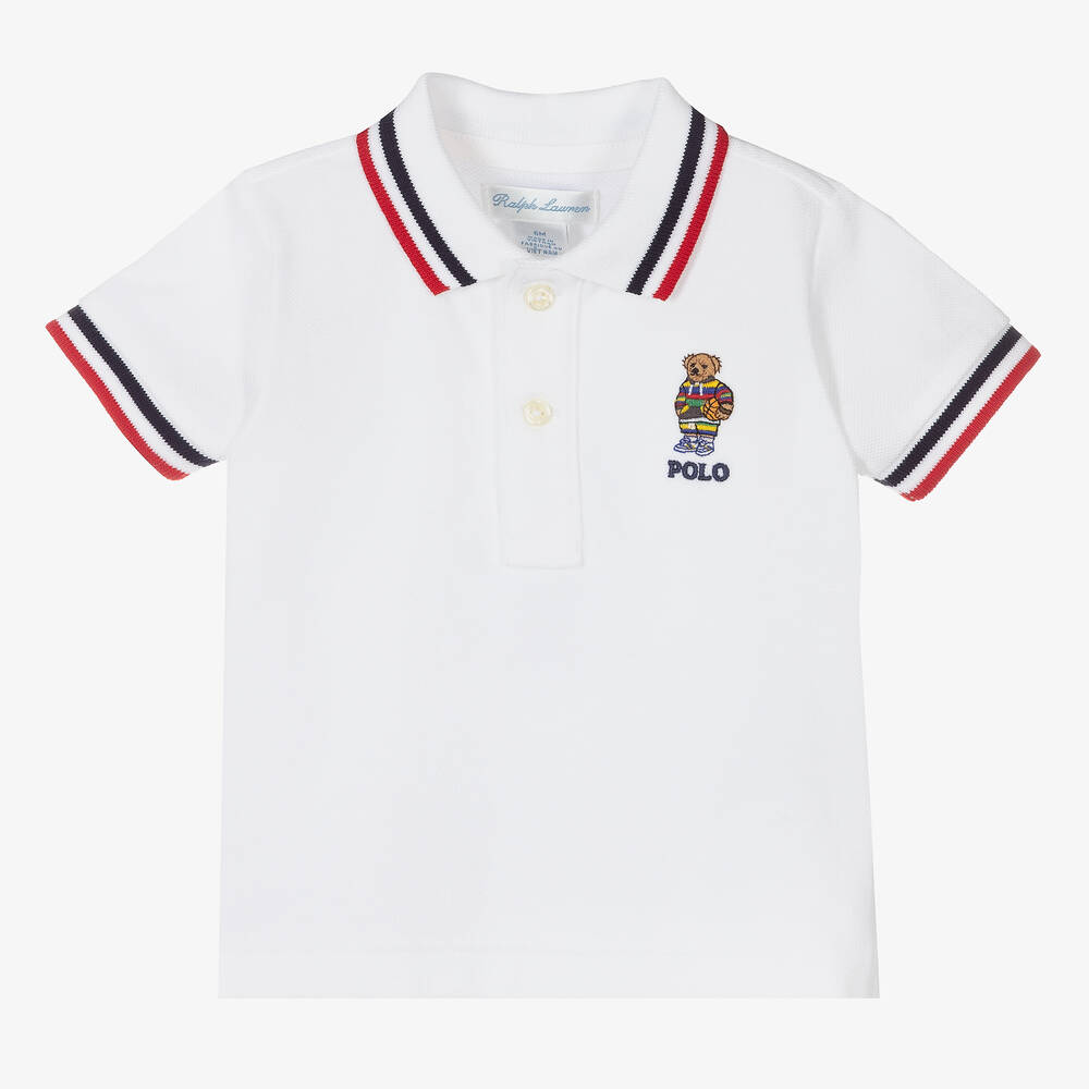 Ralph Lauren - توب بولو قطن بيكيه لون أبيض للمواليد | Childrensalon