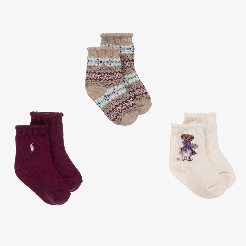 Ralph Lauren-Baby Girls Beige & Red Socks (3 Pack) | Childrensalon Outlet