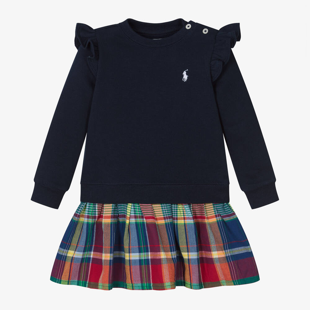 Ralph Lauren Baby Girls Blue Check Sweatshirt Dress Childrensalon Outlet