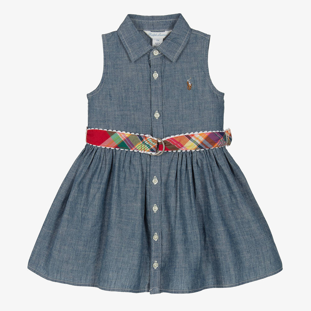 Ralph Lauren - فستان قطن شامبري لون أزرق للمولودات | Childrensalon