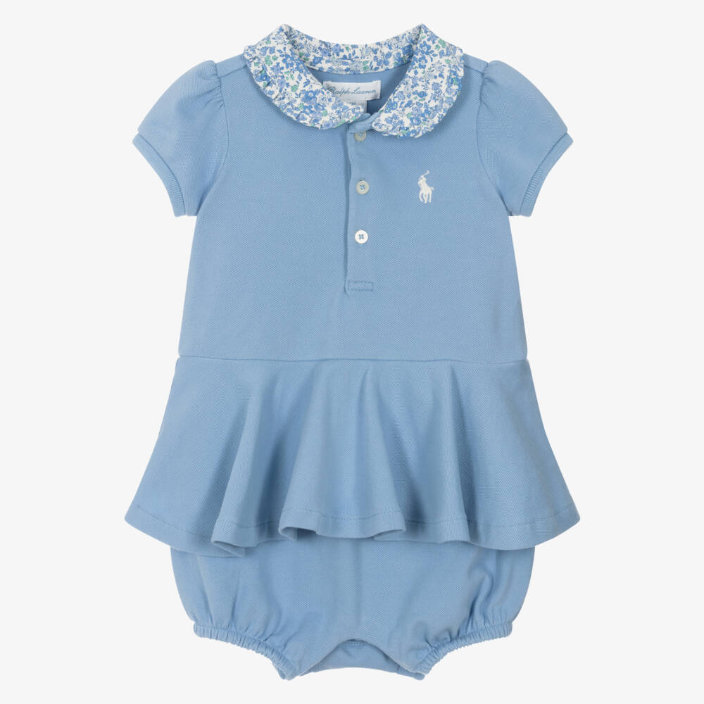 Ralph Lauren-Baby Girls Blue Cotton Piqué Shortie | Childrensalon Outlet