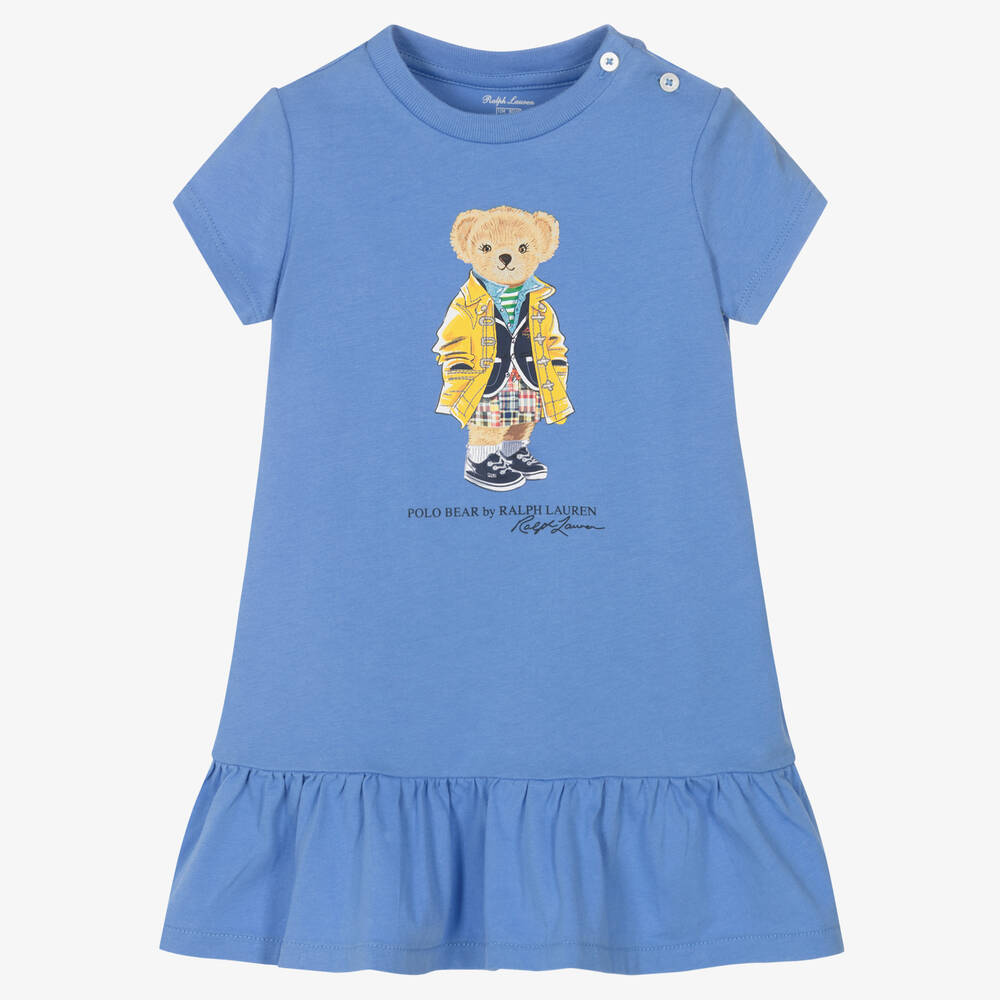 Ralph Lauren - Robe bleue en coton Polo Bear bébé | Childrensalon