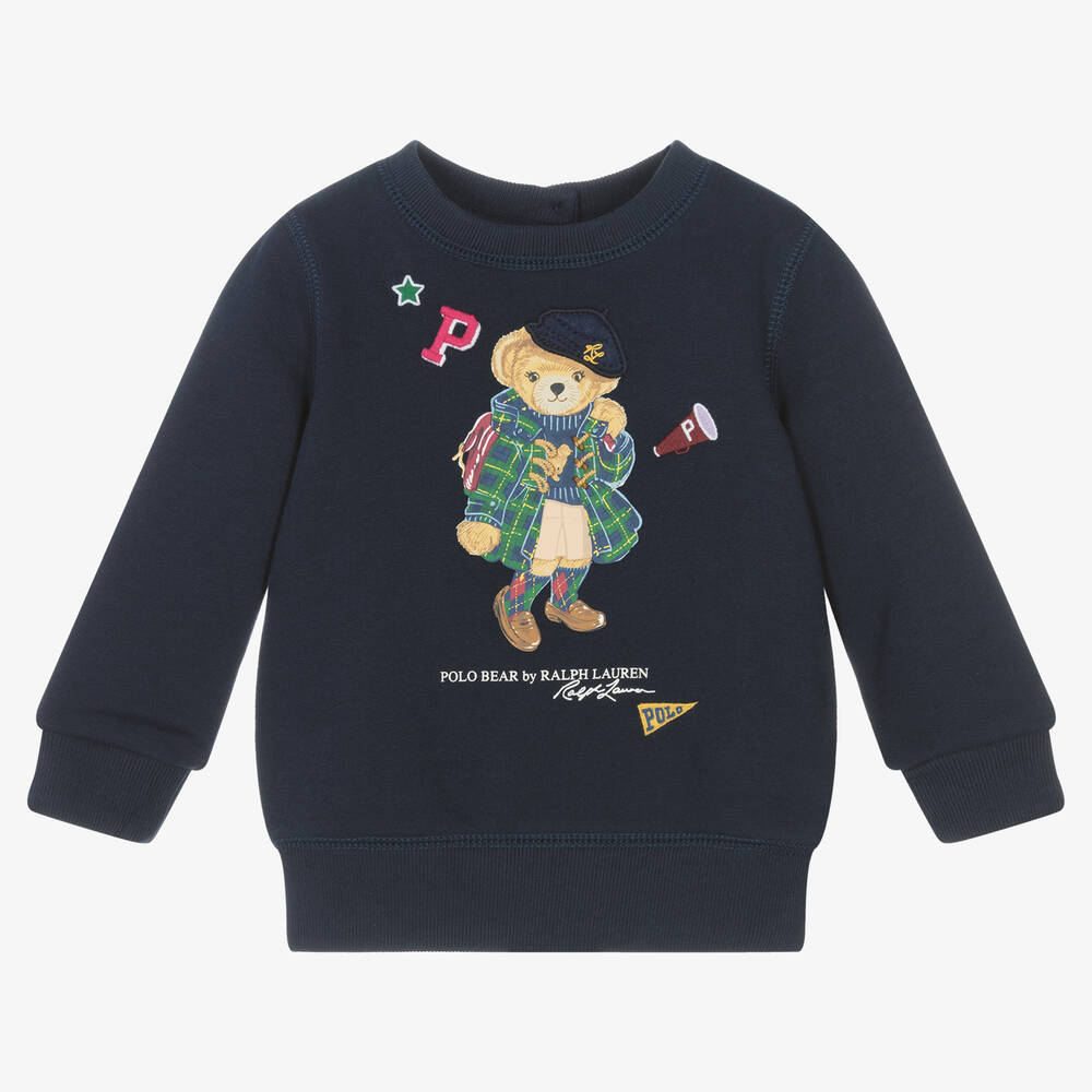 Ralph Lauren - Baby Girls Blue Cotton Polo Bear Sweatshirt | Childrensalon
