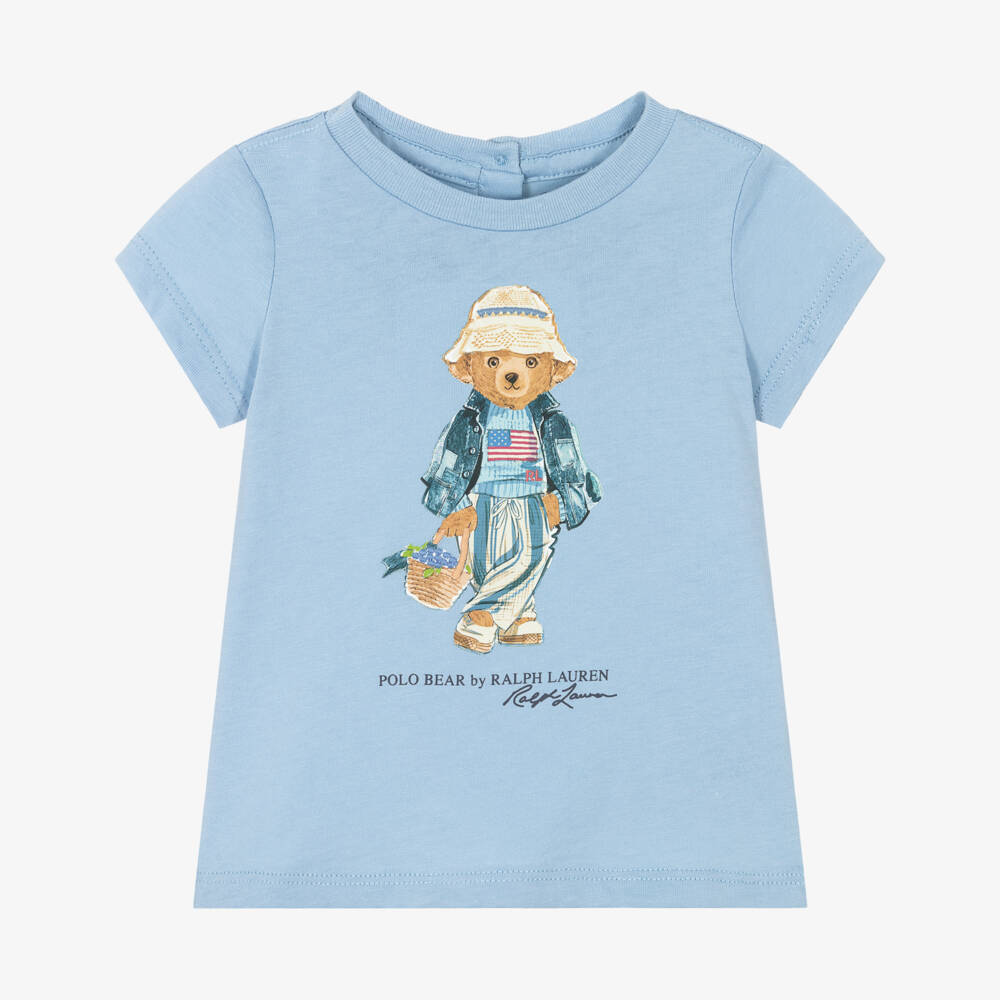 Ralph Lauren-Baby Girls Blue Cotton Polo Bear T-Shirt | Childrensalon Outlet