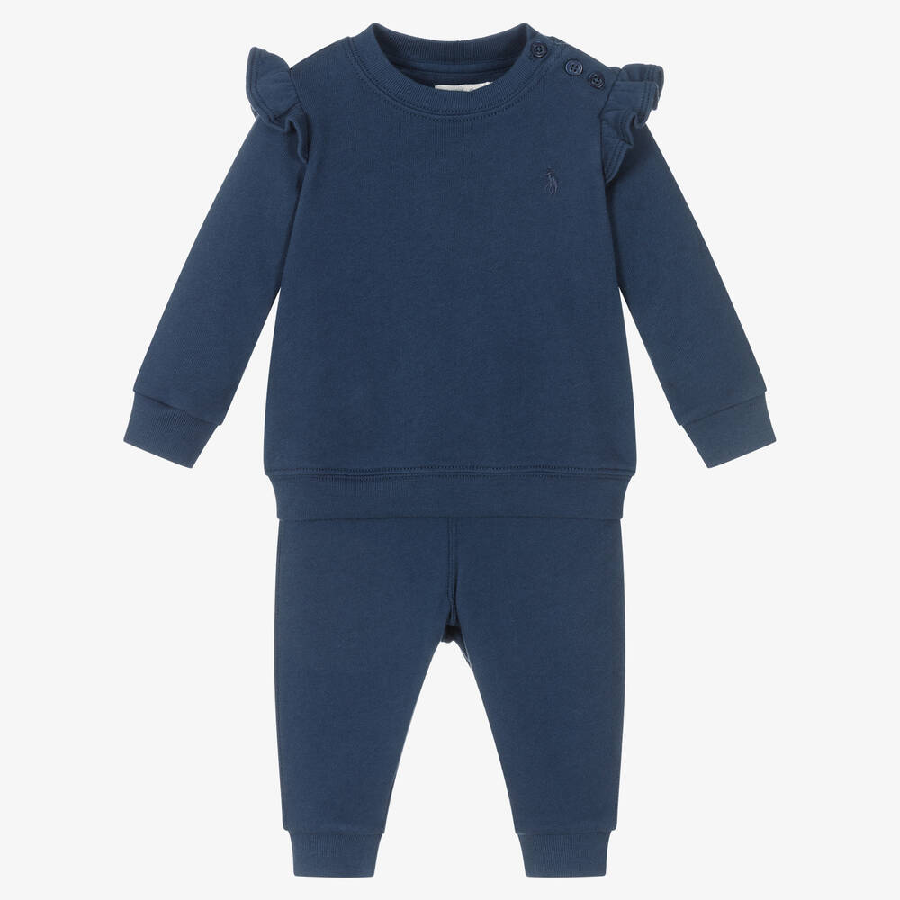 Ralph Lauren - Baby Girls Blue Cotton Ruffle Tracksuit | Childrensalon