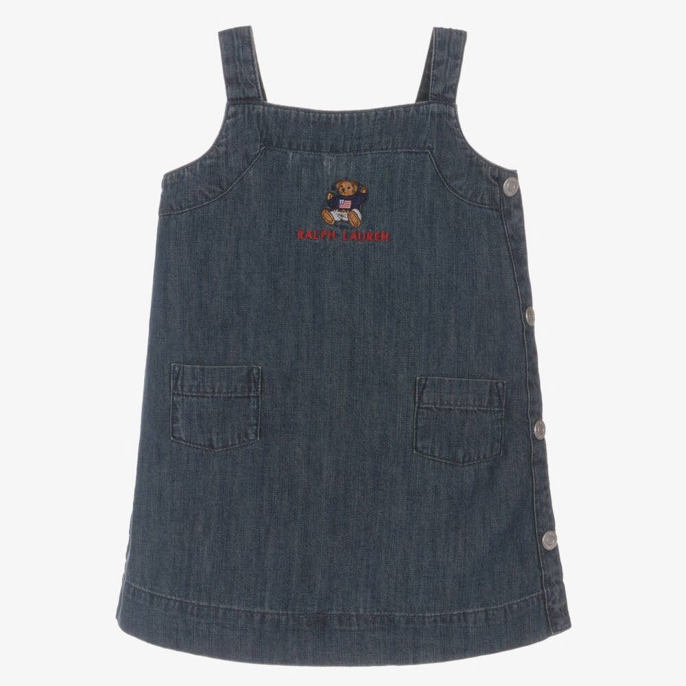 Ralph Lauren-Baby Girls Blue Denim Polo Bear Pinafore Dress | Childrensalon Outlet