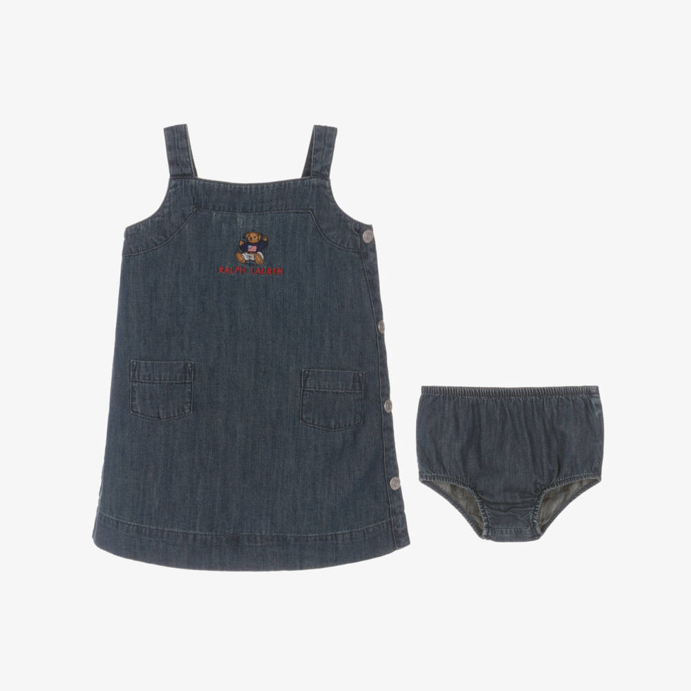 Ralph Lauren-Baby Girls Blue Denim Polo Bear Pinafore Dress | Childrensalon Outlet