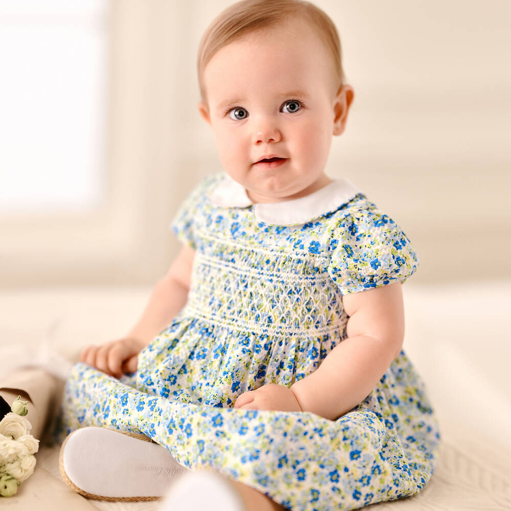 RALPH LAUREN Baby Girls Blue Floral Seersucker Dress