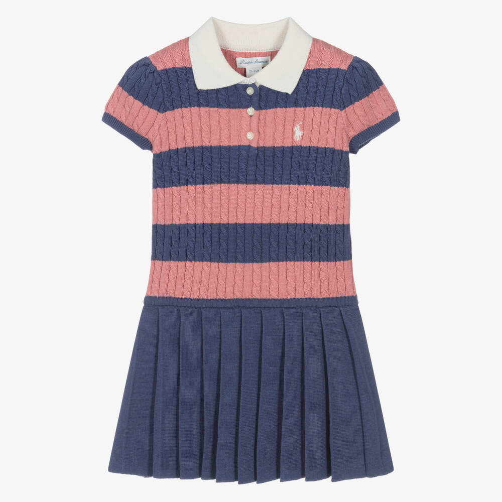 Ralph Lauren-Baby Girls Blue & Pink Striped Cotton Knit Polo Dress | Childrensalon Outlet