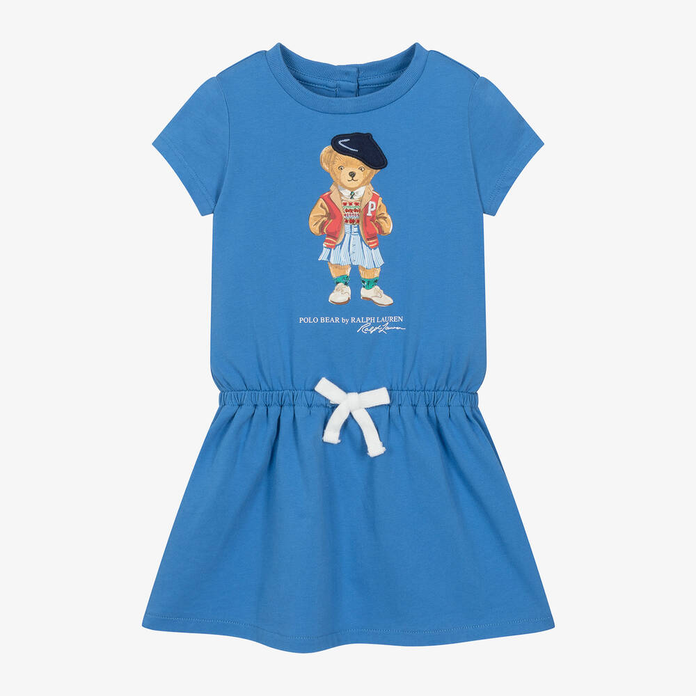 Ralph Lauren-فستان بطبعة بير قطن لون أزرق للمولودات | Childrensalon Outlet