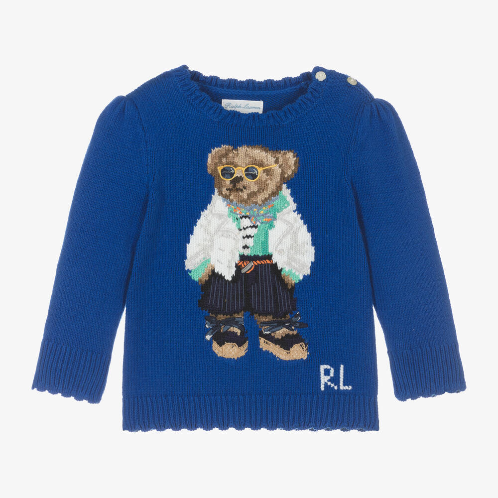 Ralph Lauren Baby Girls Blue Polo Bear Knit Sweater Childrensalon Outlet