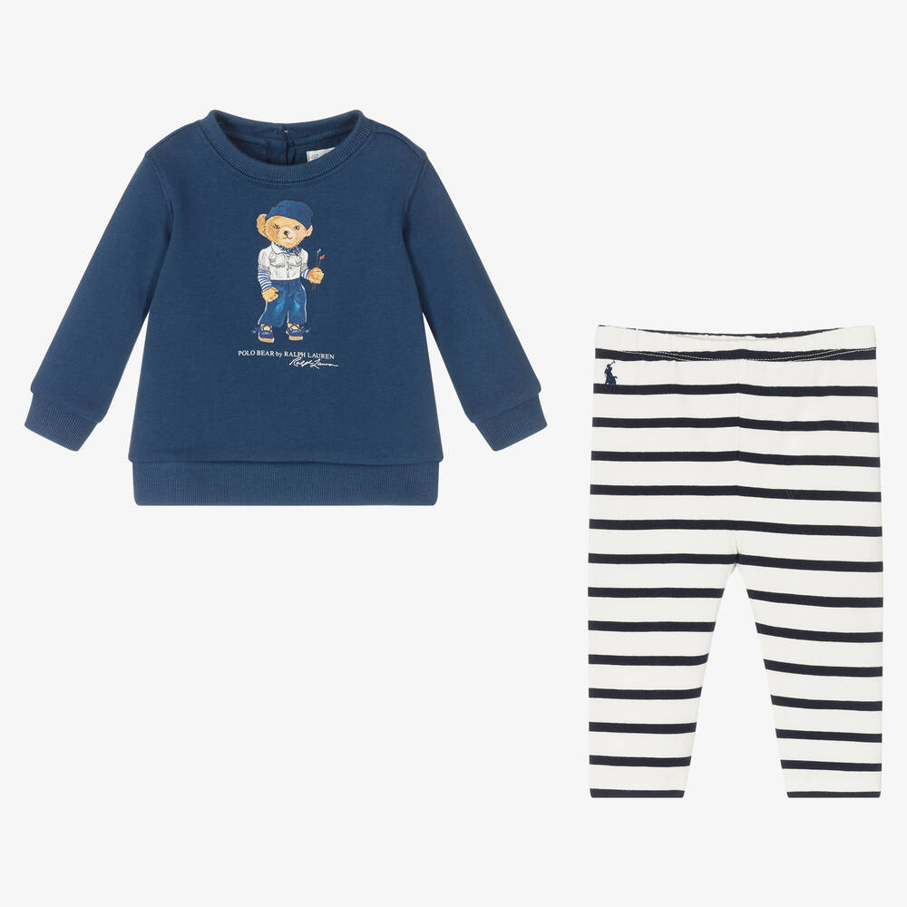 Ralph Lauren-طقم ليغنغز قطن جيرسي لون كحلي وأبيض للمولودات | Childrensalon Outlet