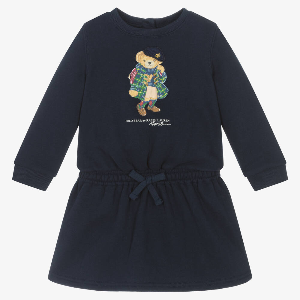 Ralph Lauren - Baby Girls Blue Polo Bear Sweatshirt Dress | Childrensalon