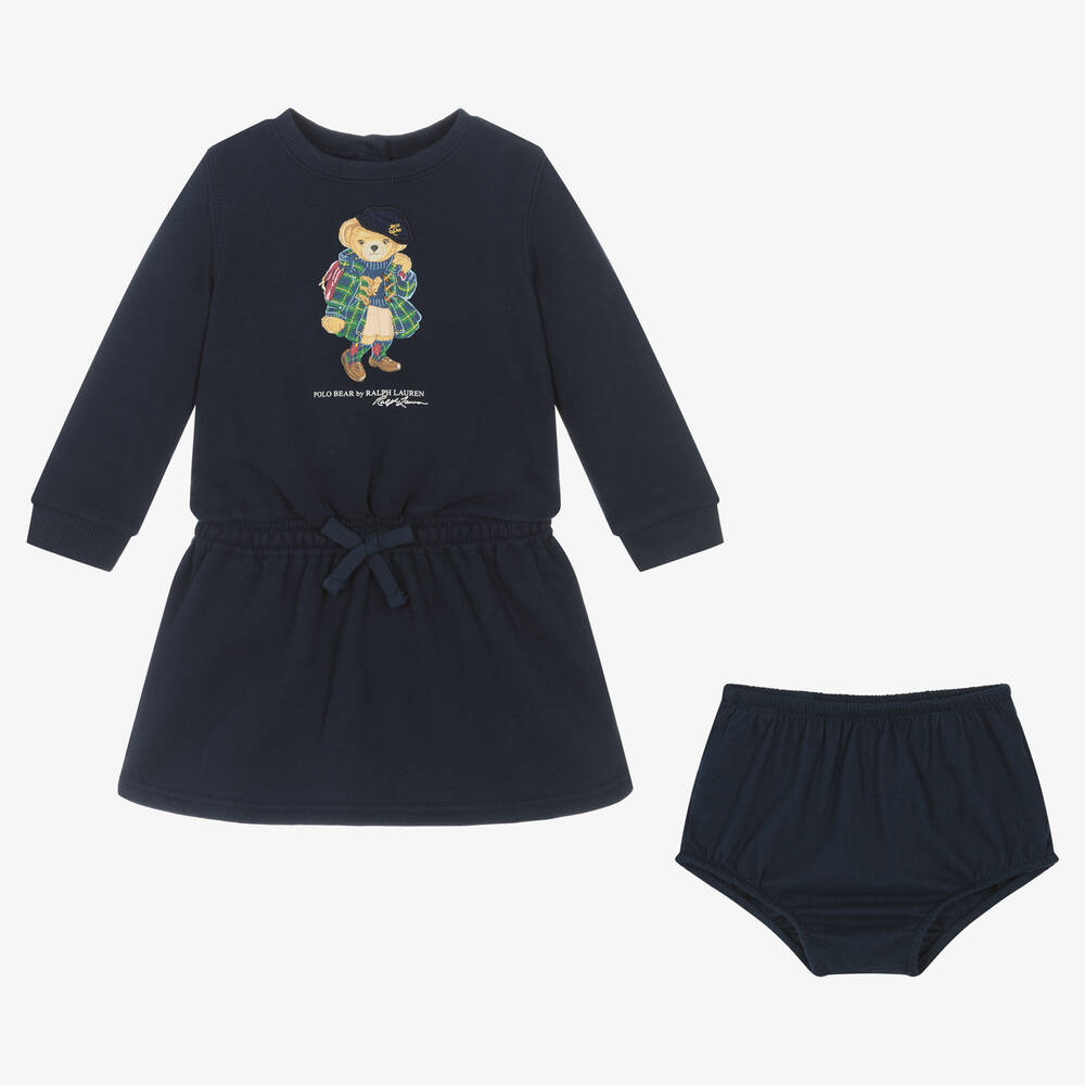 Ralph Lauren-فستان سويتشيرت بطبعة بير قطن جيرسي لون كحلي | Childrensalon Outlet