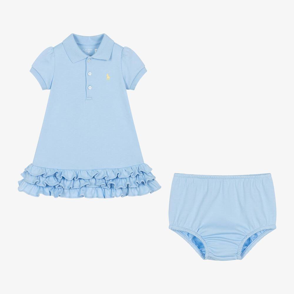 Ralph Lauren Baby Girls Blue Ruffle Polo Dress