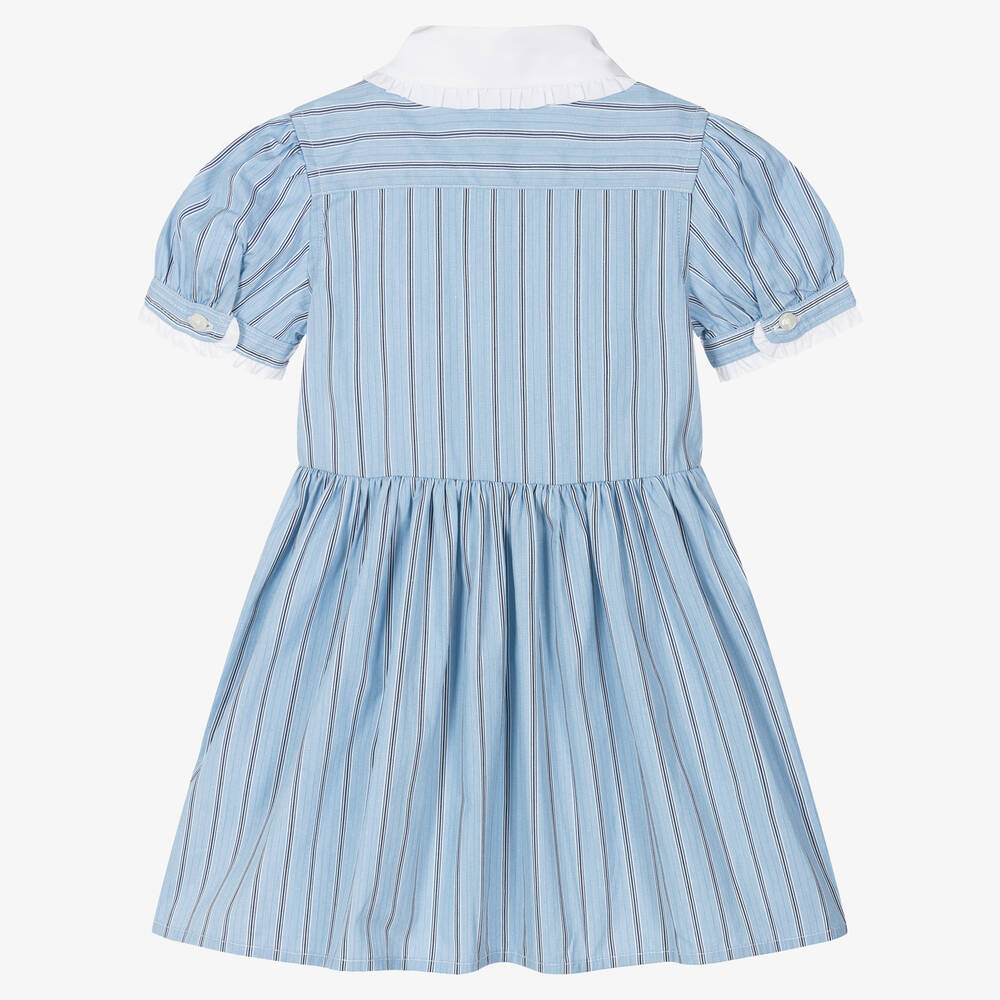 رالف لورين-فستان قطن بوبلين مقلم لون أزرق للمولودات | Childrensalon Outlet