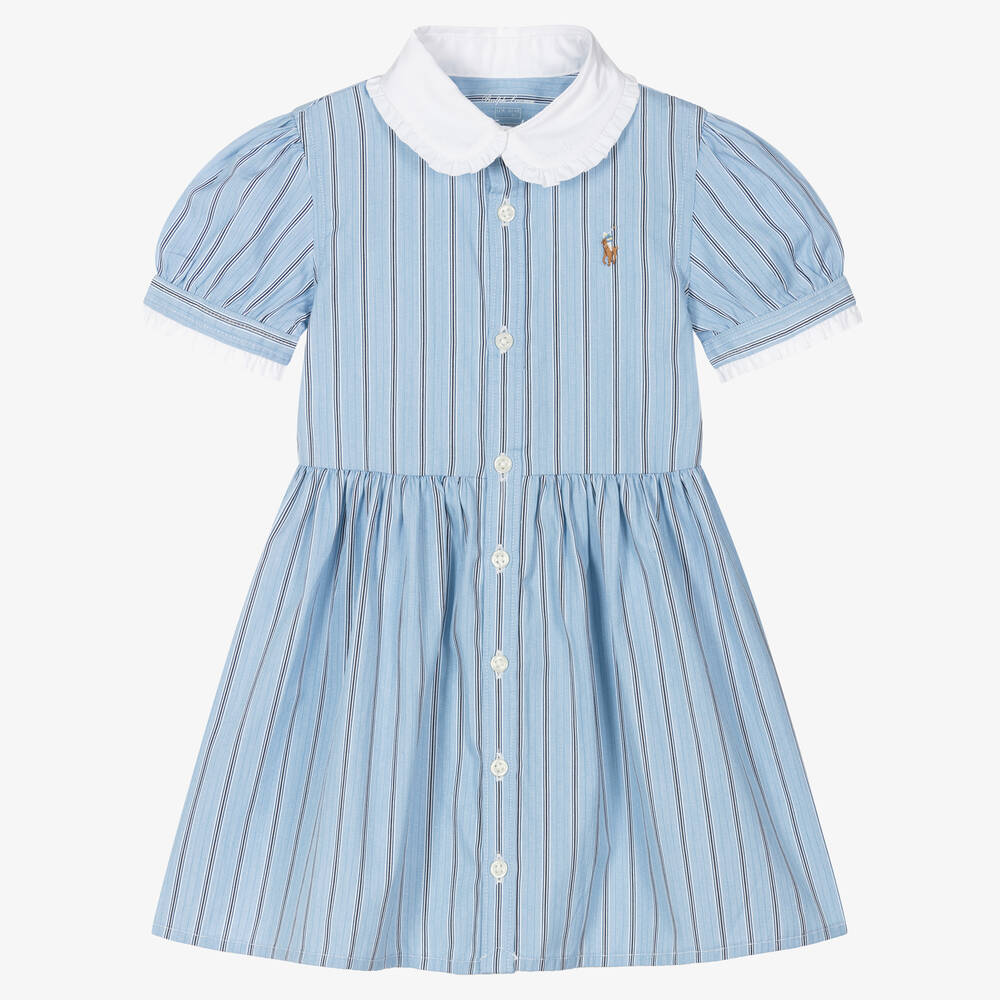 Ralph Lauren - Baby Girls Blue Stripe Cotton Dress | Childrensalon