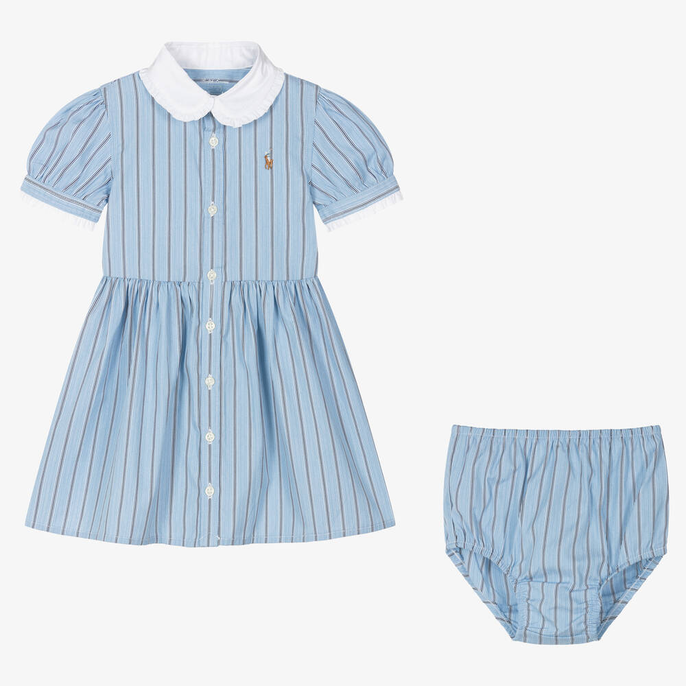 رالف لورين-فستان قطن بوبلين مقلم لون أزرق للمولودات | Childrensalon Outlet