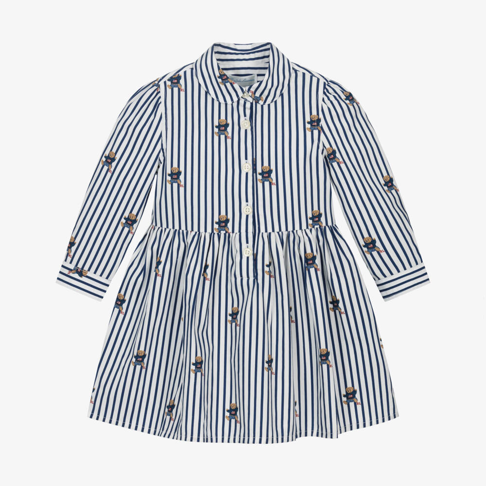 Ralph Lauren-Baby Girls Blue Stripe Cotton Dress with Polo Bear Print | Childrensalon Outlet