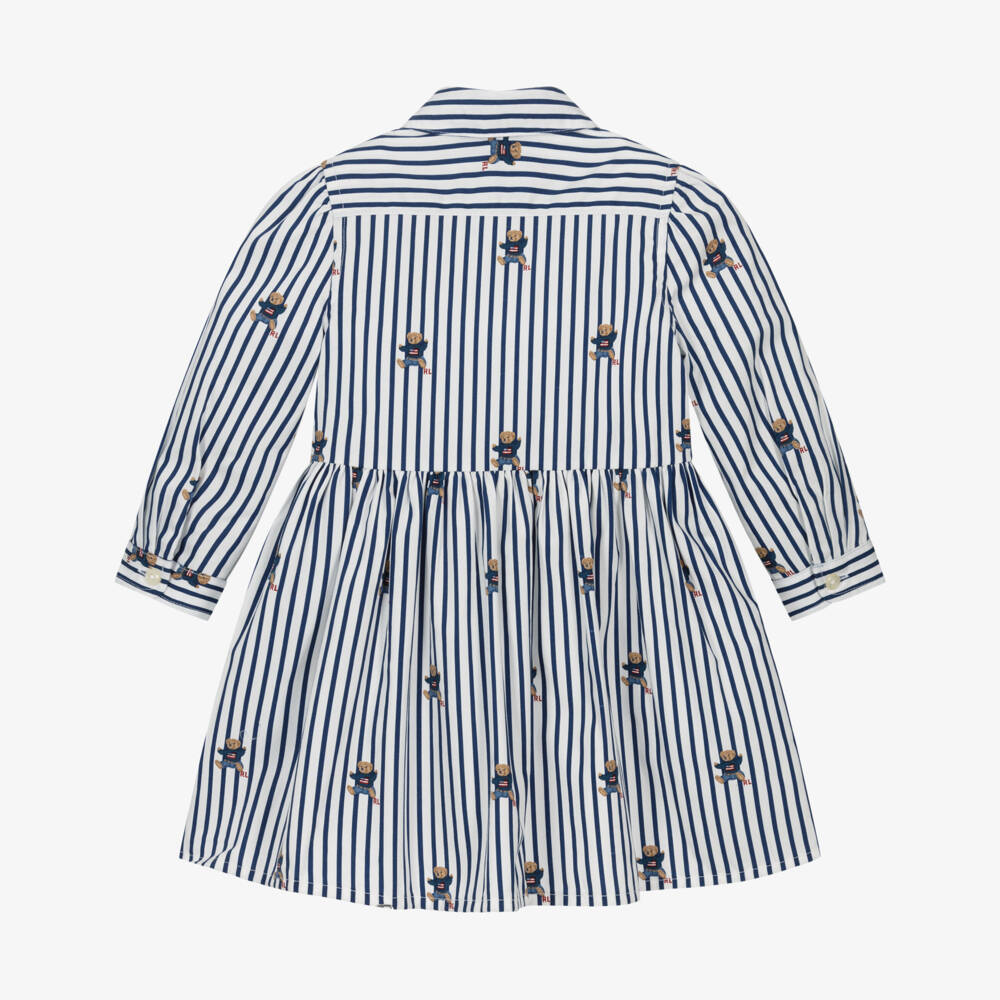 Ralph Lauren-Baby Girls Blue Stripe Cotton Dress with Polo Bear Print | Childrensalon Outlet