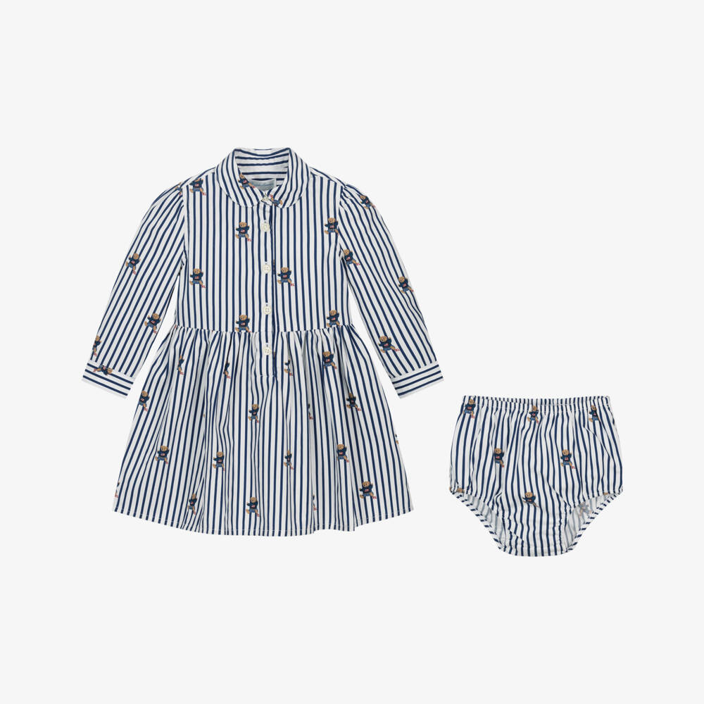 Ralph Lauren-Baby Girls Blue Stripe Cotton Dress with Polo Bear Print | Childrensalon Outlet