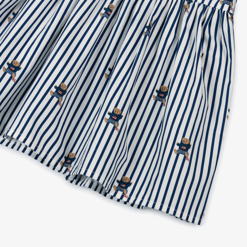 Ralph Lauren-Baby Girls Blue Stripe Cotton Dress with Polo Bear Print | Childrensalon Outlet