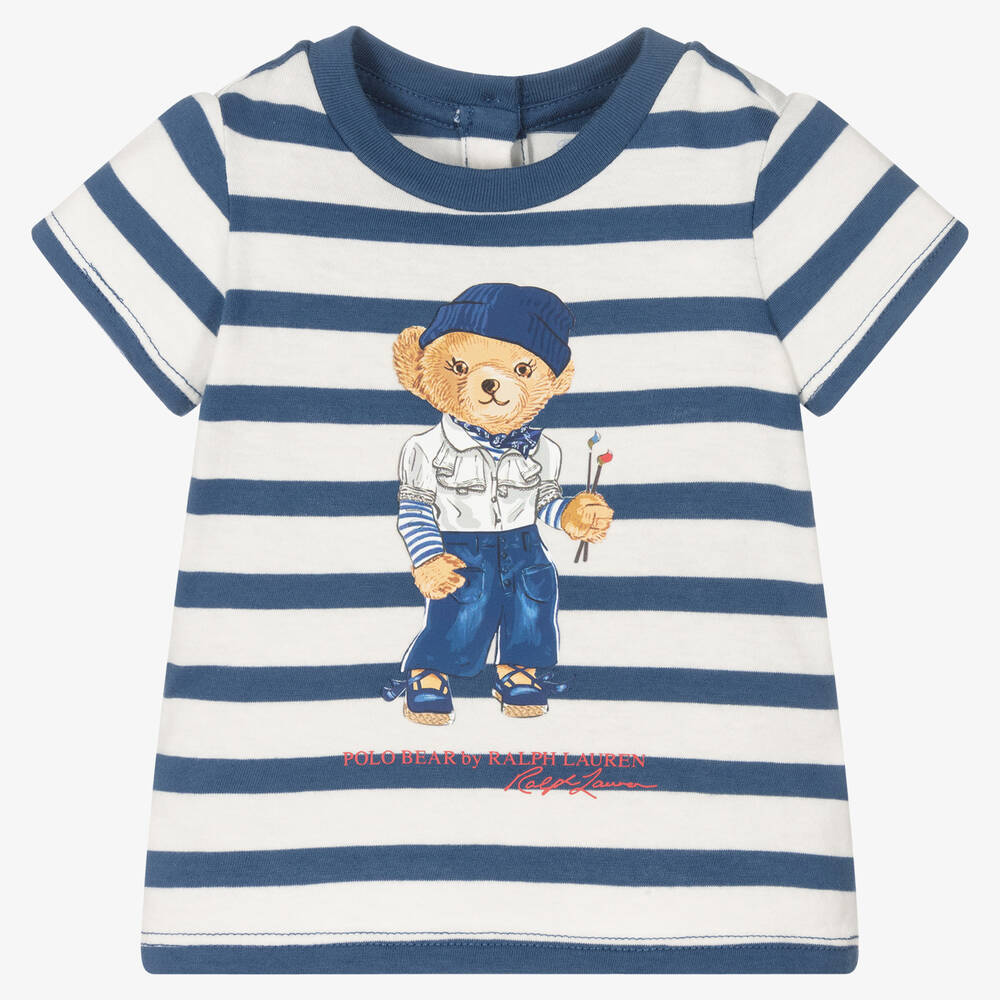 Ralph Lauren Baby Girls Blue Stripe Polo Bear T Shirt