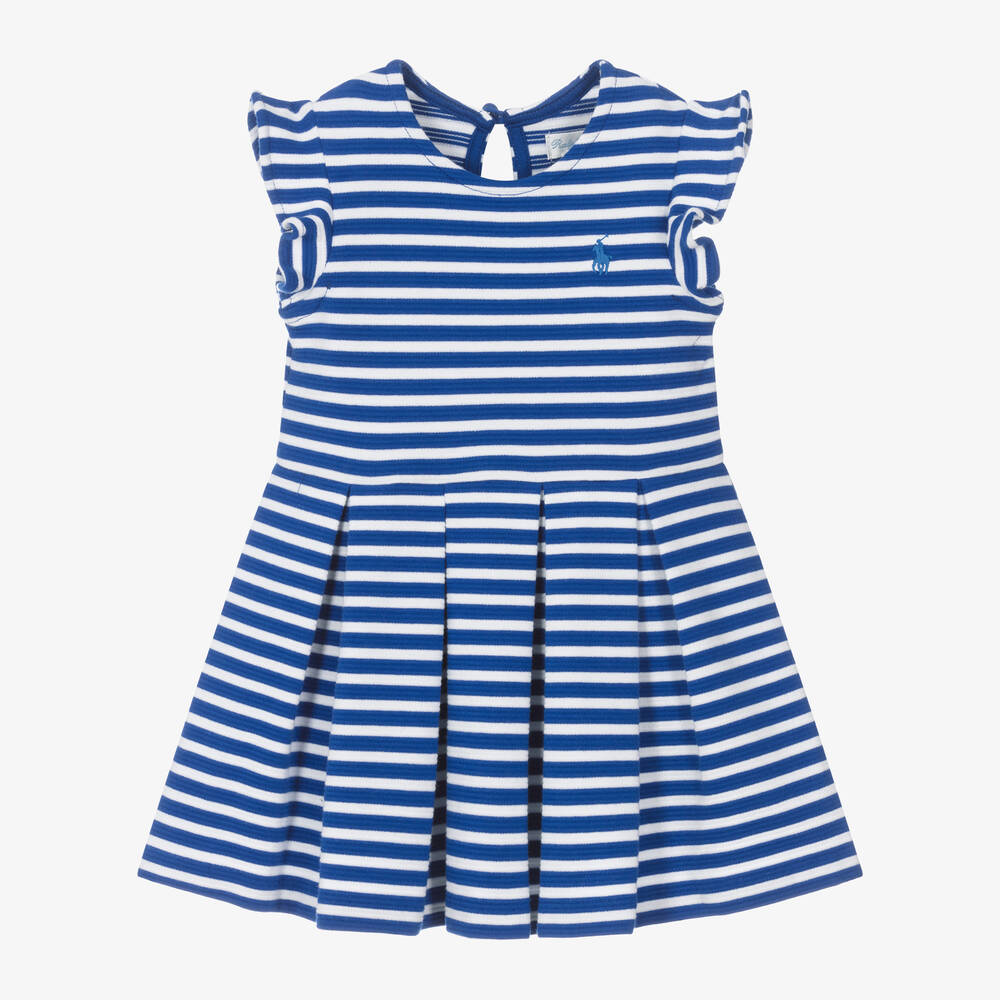 Ralph Lauren-فستان قطن مقلم لون أبيض وأزرق للمولودات | Childrensalon Outlet