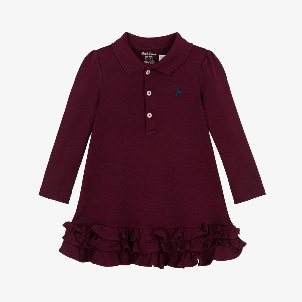 Ralph Lauren-Baby Girls Burgundy Red Cotton Ruffled Polo Dress | Childrensalon Outlet