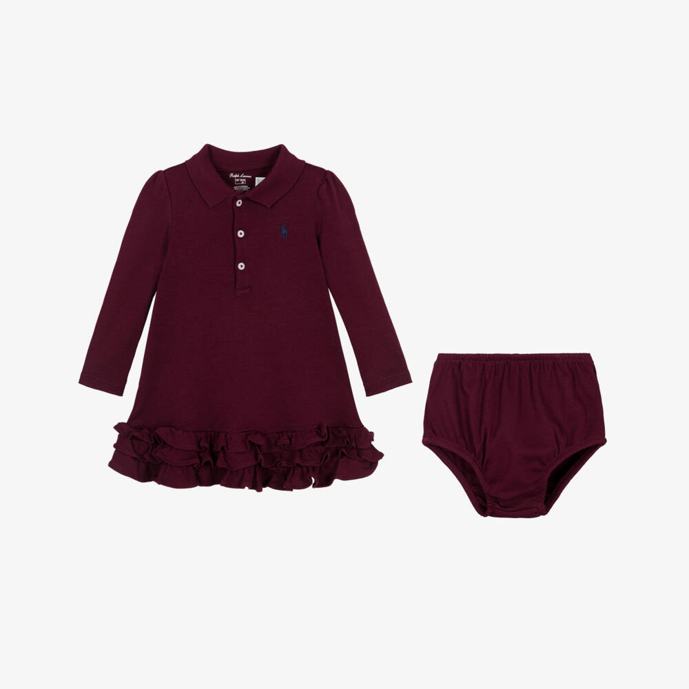 Ralph Lauren-Baby Girls Burgundy Red Cotton Ruffled Polo Dress | Childrensalon Outlet