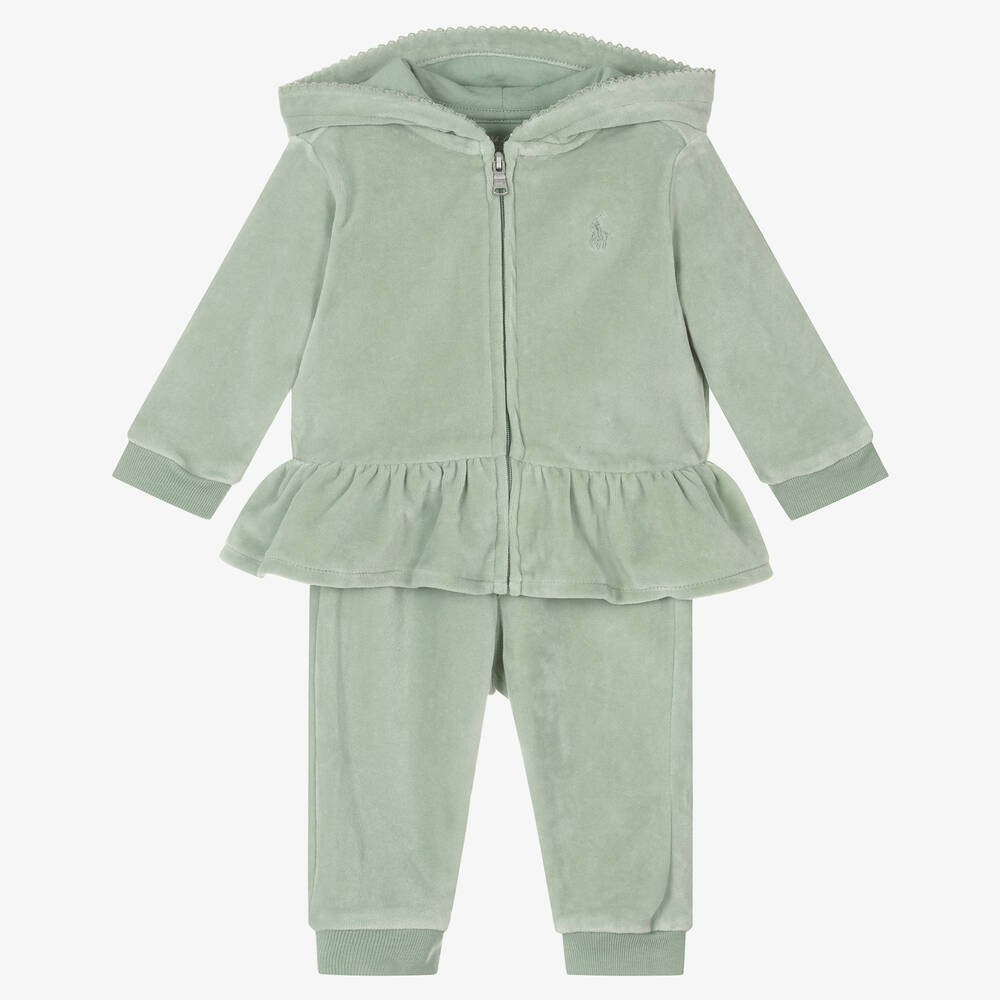 Ralph Lauren - بدلة رياضية قطن قطيفة لون أخضر للمولودات | Childrensalon