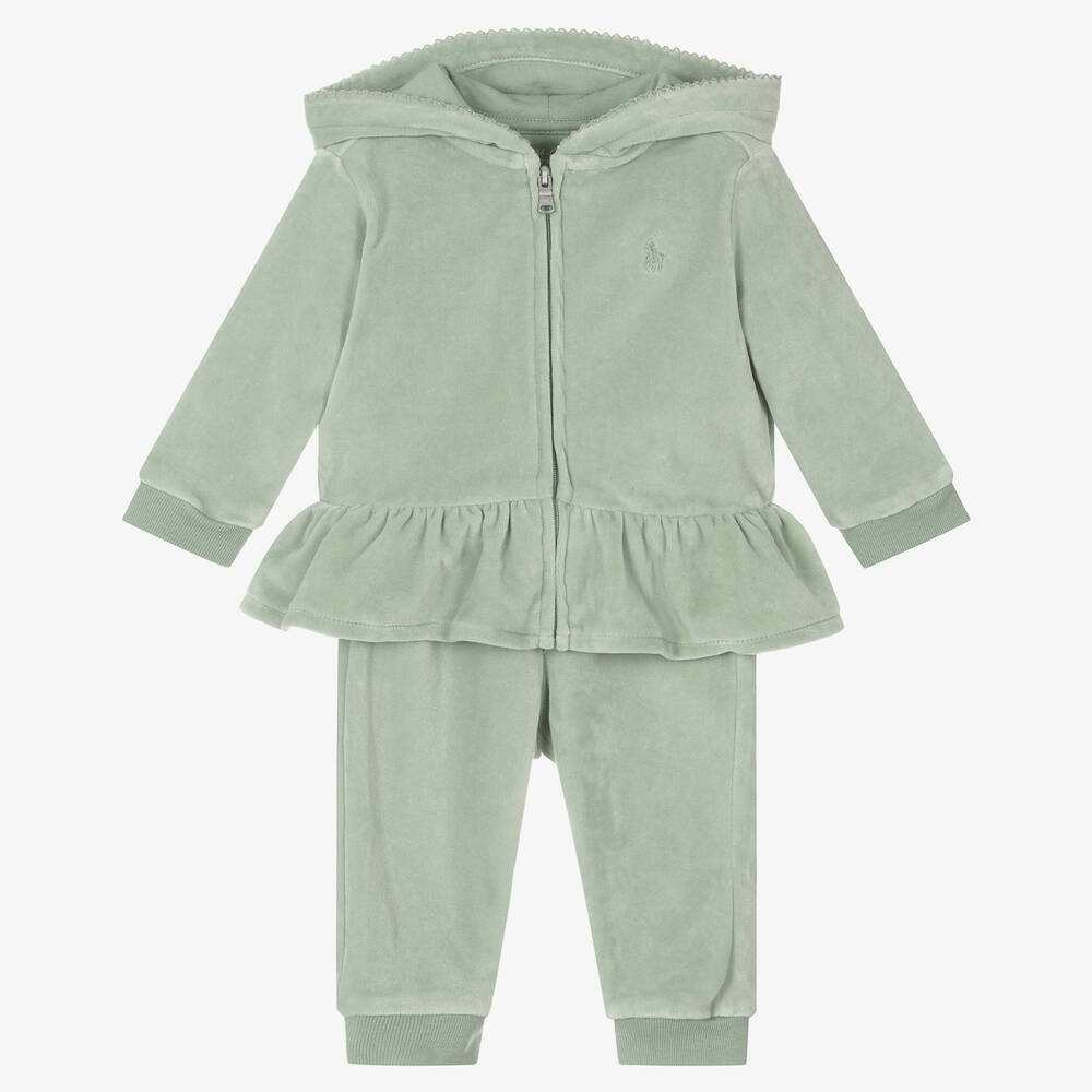 Ralph Lauren - Baby Girls Green Cotton Velour Tracksuit | Childrensalon