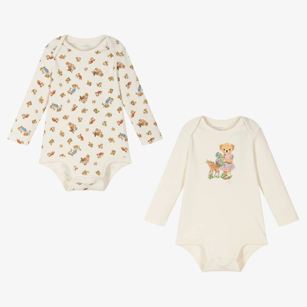 Ralph Lauren - Baby Girls Ivory Bear Bodyvests (2 Pack)  | Childrensalon