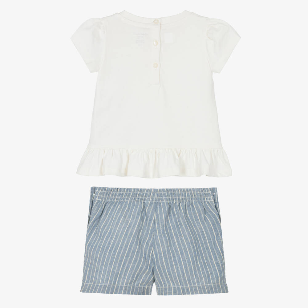 Ralph Lauren-Baby Girls Ivory & Blue Linen-Cotton Polo Bear Shorts | Childrensalon Outlet