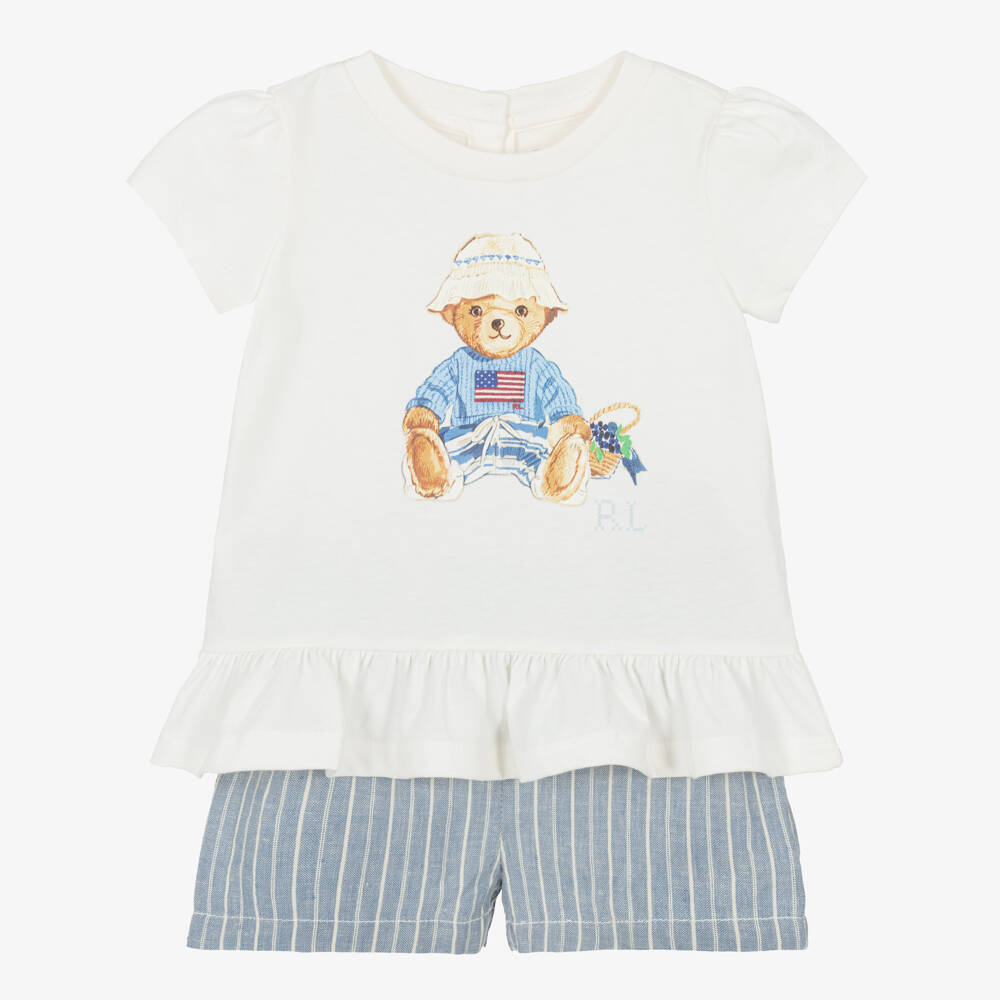 Ralph Lauren-Baby Girls Ivory & Blue Linen-Cotton Polo Bear Shorts | Childrensalon Outlet