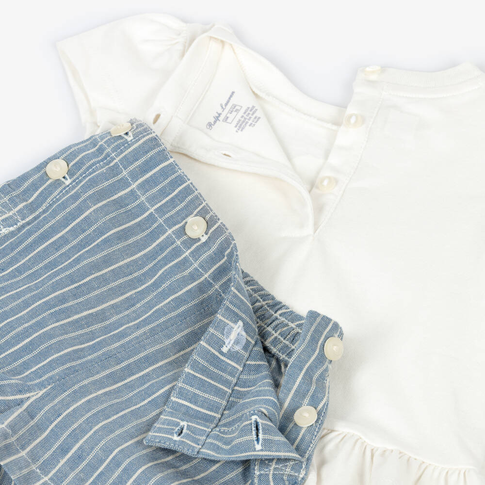 Ralph Lauren-Baby Girls Ivory & Blue Linen-Cotton Polo Bear Shorts | Childrensalon Outlet
