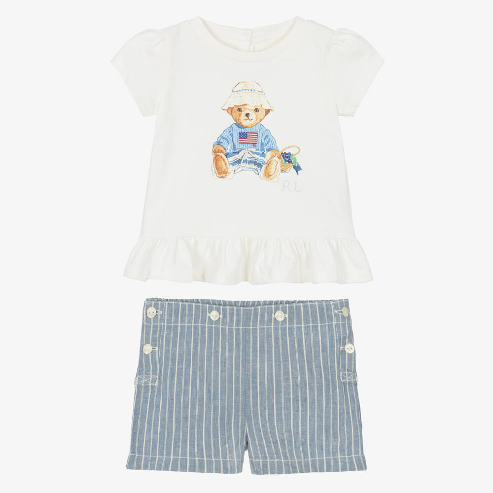Ralph Lauren-Baby Girls Ivory & Blue Linen-Cotton Polo Bear Shorts | Childrensalon Outlet