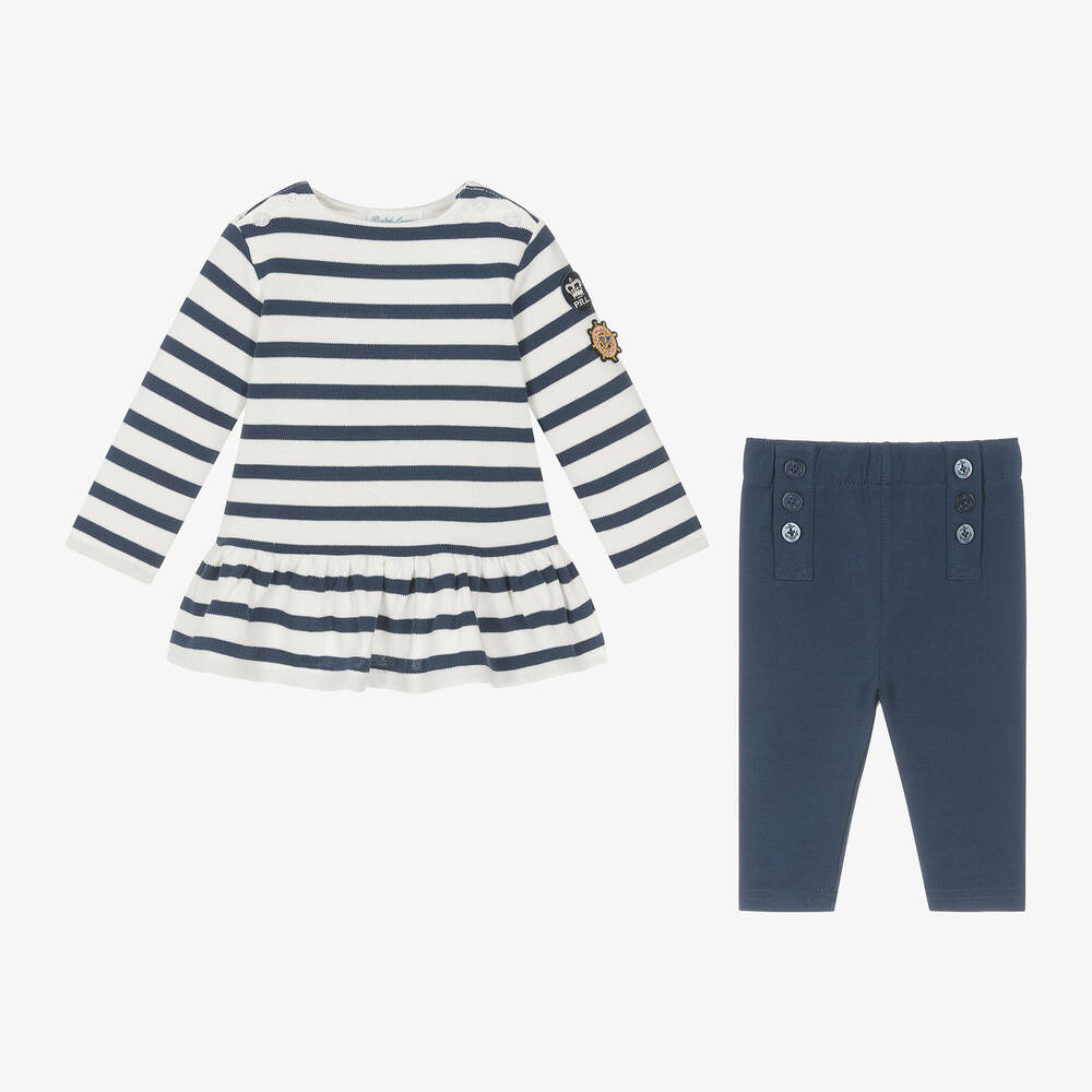 Ralph Lauren-Baby Girls Ivory & Blue Stripe Leggings Set | Childrensalon Outlet
