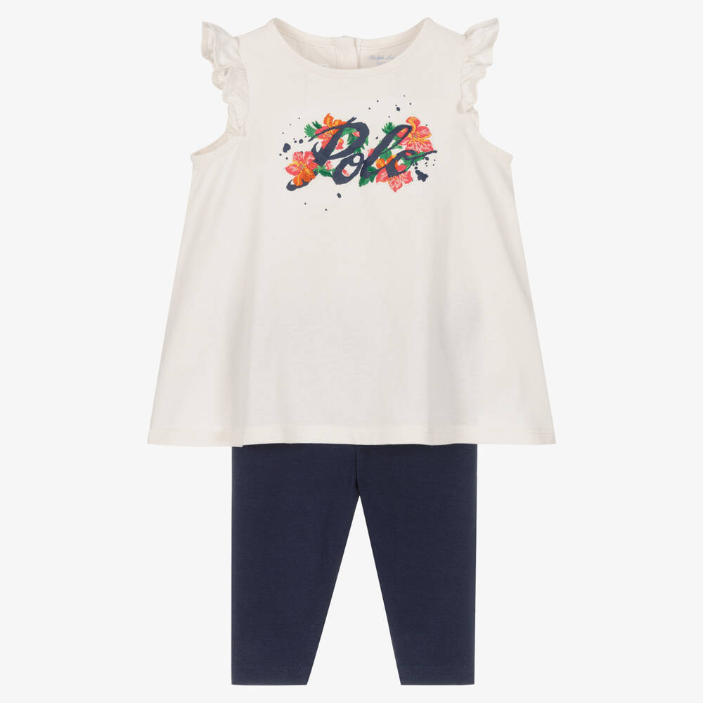 Ralph Lauren-طقم ليقنز  قطن لون عاجي وكحلي للمولودات | Childrensalon Outlet