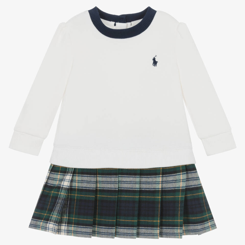 Ralph Lauren - فستان قطن تارتان لون عاجي وأخضر للمولودات | Childrensalon