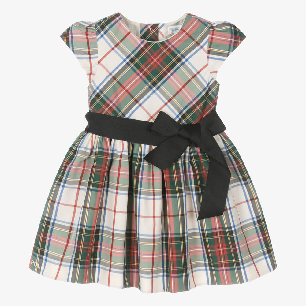 Ralph Lauren - Baby Girls Ivory & Green Tartan Dress | Childrensalon