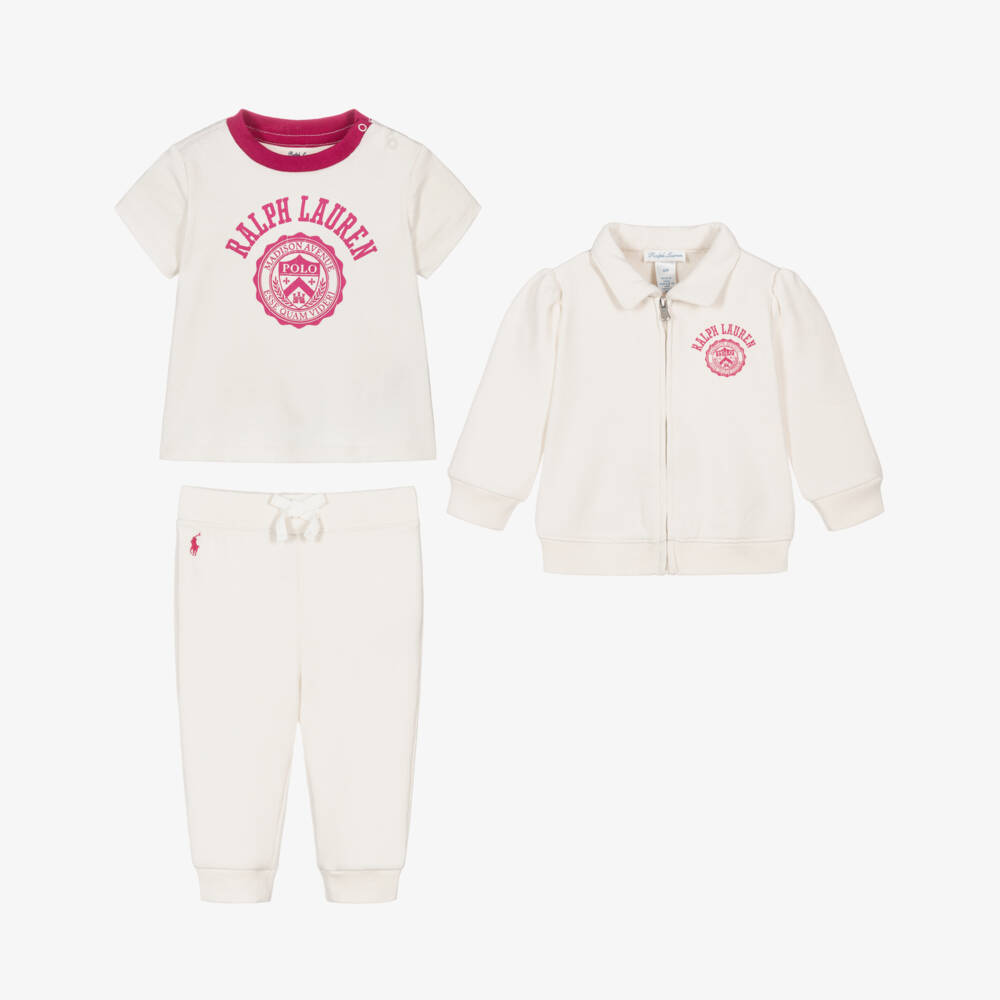 Ralph Lauren-Baby Girls Ivory Jersey Zip-Up Tracksuit Set | Childrensalon Outlet