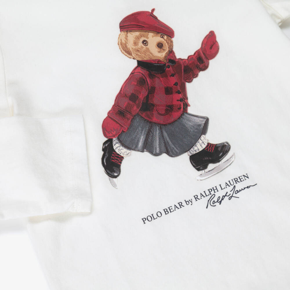 Ralph Lauren-Baby Girls Ivory Long-Sleeve Top with Polo Bear Print | Childrensalon Outlet