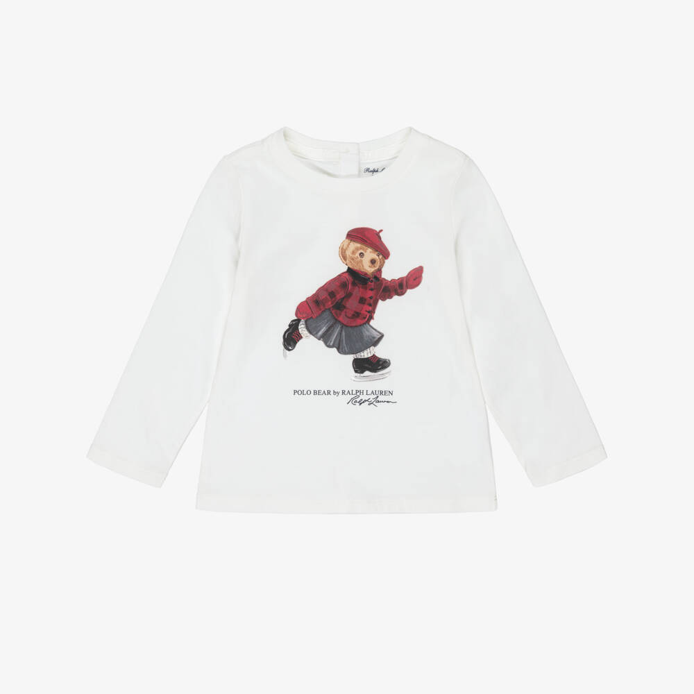 Ralph Lauren-Baby Girls Ivory Long-Sleeve Top with Polo Bear Print | Childrensalon Outlet