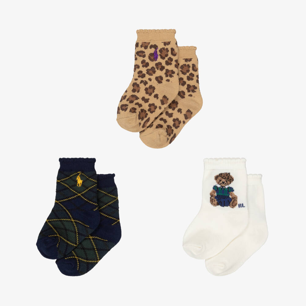 Ralph Lauren-Baby Girls Ivory Polo Bear & Leopard Print Socks (3 Pack) | Childrensalon Outlet