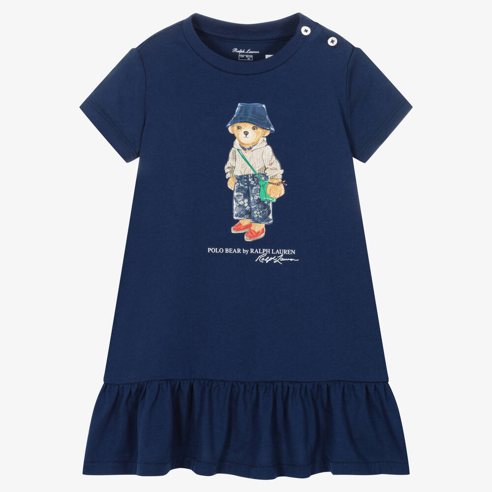 Ralph Lauren - Baby Girls Navy Blue Bear Cotton Dress | Childrensalon