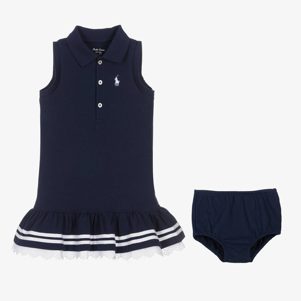 Ralph Lauren Baby Girls Navy Blue Cotton Polo Dress Childrensalon Outlet