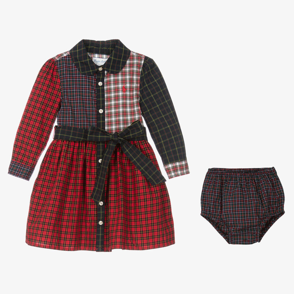Ralph Lauren-فستان قطن لون كحلي وأحمر للمولودات | Childrensalon Outlet