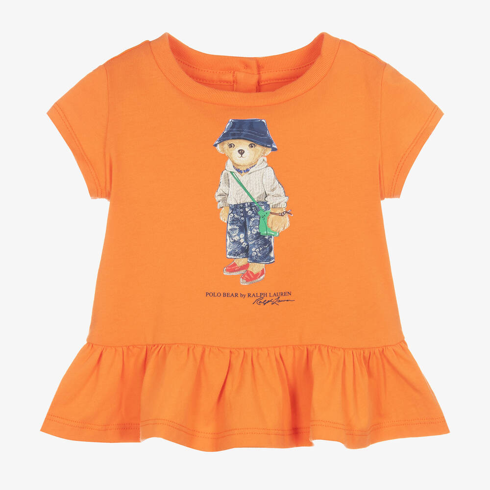 Ralph Lauren - Baby Girls Orange Cotton Bear T-Shirt | Childrensalon