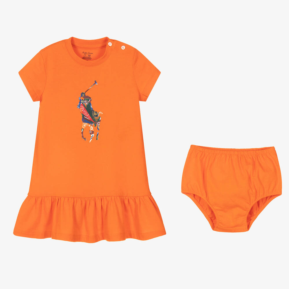 Ralph Lauren-Оранжевое хлопковое платье для малышек | Childrensalon Outlet